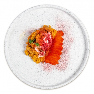 Птитим с тыквой и индейкой в тыквенном соусе со страчателлой